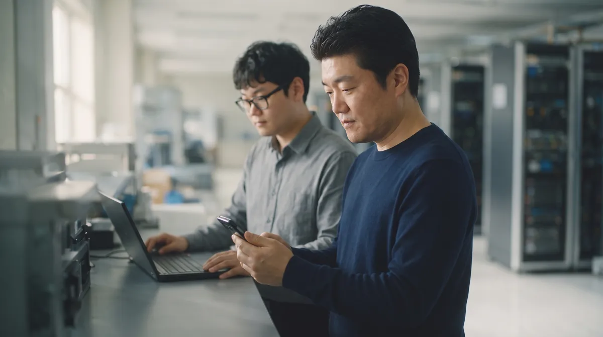 엔지니어 두 명이 서버실 작업대에서 디스크를 살펴보고, 옆에서 노트북으로 상태를 확인한다